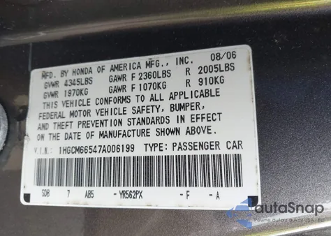 2007 Honda Accord 3.0 Ex z USA, uszkodzony, nr VIN 1HGCM66547A006199
